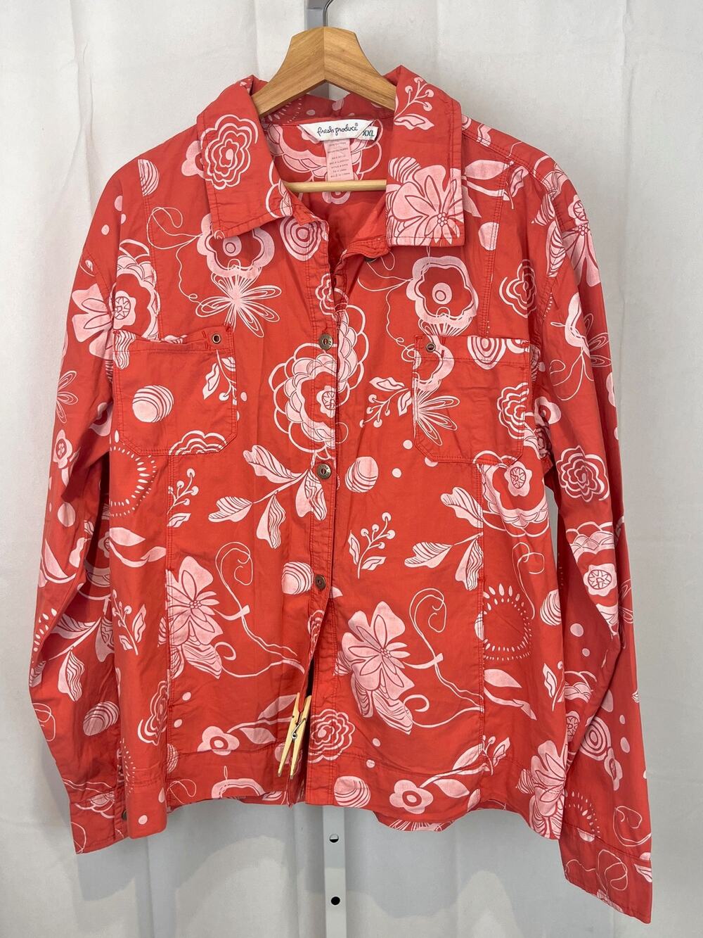 FRESH PRODUCE Floral Button Front Utility Shirt Jacket Cotton Coral Orange XXL